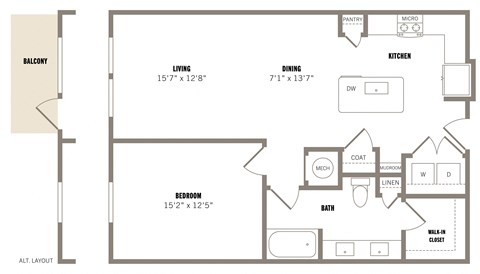 Floor plan for 1 bed, 1 bath, 825 sqft